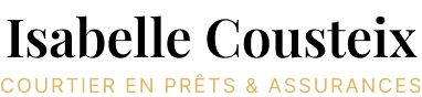 Logo Isabelle Cousteix, courtier en prêts et assurances, typographie élégante noire et dorée.